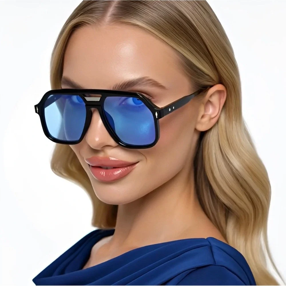 Black Oversize Square Aviator Sunglasses Blue Tinted Lens Flat Top Double Bridge